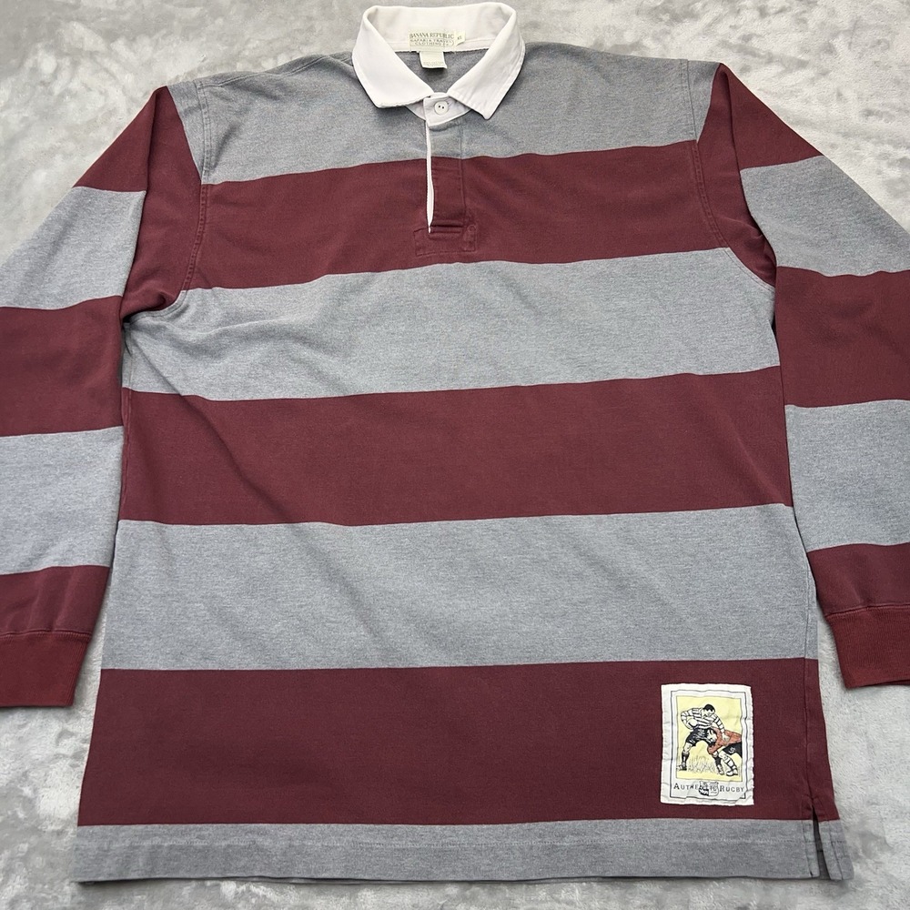 Vtg Banana Republic Rugby Polo Shirt Long Sleeve Mens XL Maroon Gray Striped Y2K